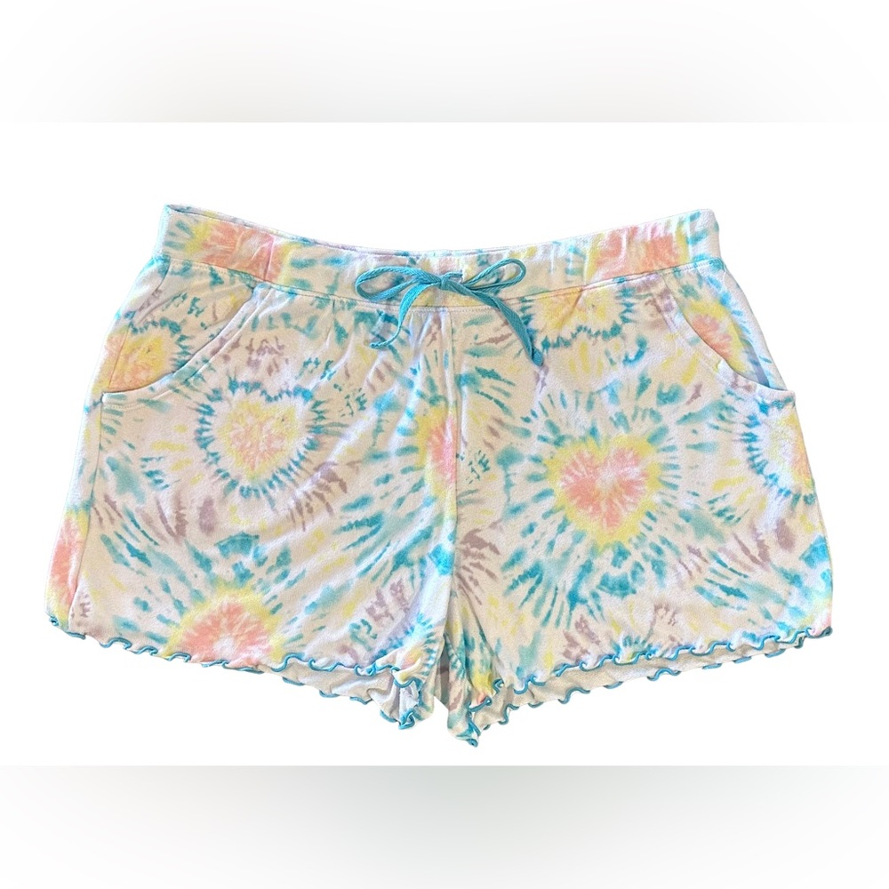 Women’s cute pajama shorts size Small tie dye with blue ruffle trim drawstring